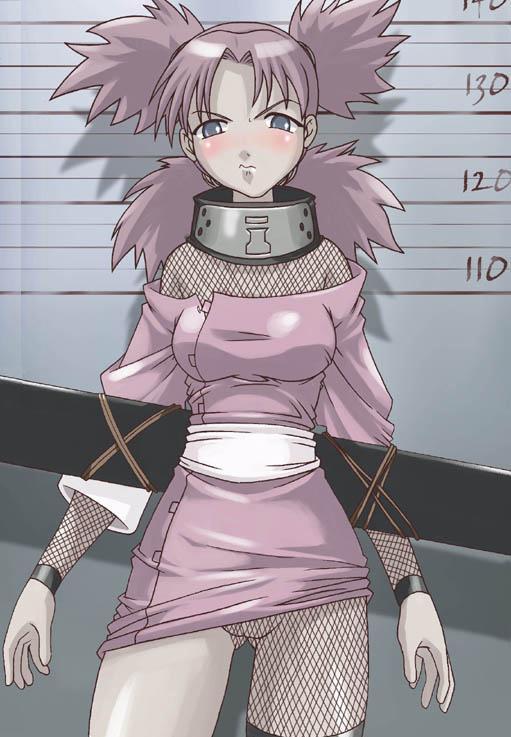 tasaka shinnosuke, temari (naruto), naruto (classic), naruto (series), 1girl, bdsm, blue eyes, blush, bondage, bound, bound arms, clothes lift, female focus, fishnet sleeves, fishnets, forehead protector, pencil skirt, pink hair, pussy, quad tails, rope, skirt, skirt lift, solo, standing, uncensored