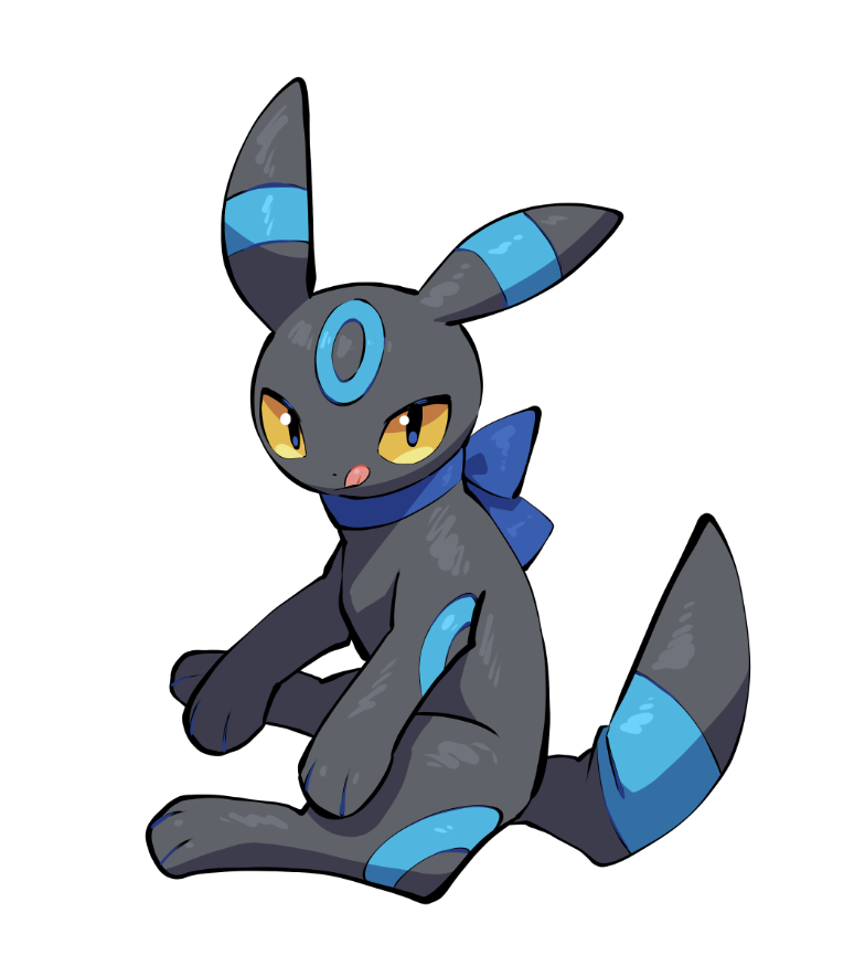 yumeminoideyu2, umbreon, nintendo, pokemon, :p, alternate color, animal focus, animal hands, black fur, blue bow, blue fur, blue ribbon, bow, closed mouth, facial mark, forehead mark, full body, gen 2 pokemon, looking at viewer, no humans, pokemon (creature), pokemon focus, ribbon, shiny pokemon, simple background, sitting, solo, tongue, tongue out, white background, yellow eyes