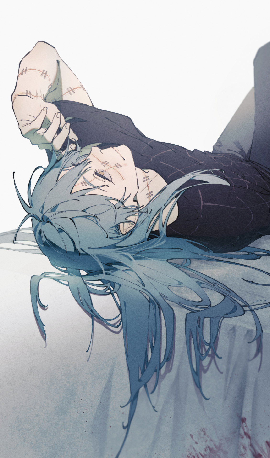 mim (mimya0600), mahito (jujutsu kaisen), jujutsu kaisen, commentary, highres, 1boy, androgynous, arm up, bed, black pants, black shirt, blue hair, closed mouth, cursed spirit (jujutsu kaisen), hair between eyes, long hair, looking up, lying, male focus, on back, pants, shirt, solo, stitched arm, stitched face, stitched wrist, stitches, white background, yellow eyes