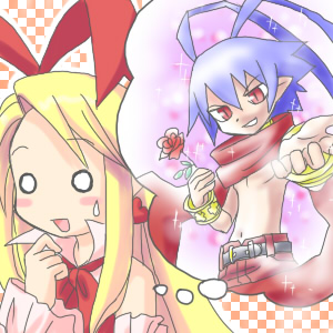 flonne, flonne (fallen angel), karina, laharl, disgaea, makai senki disgaea, makai senki disgaea 2, makai senki disgaea 3, nippon ichi, lowres, 00s, 1boy, 1girl, bat wings, blonde hair, blue hair, demon girl, detached sleeves, fallen angel, imagining, long hair, o o, pointy ears, red eyes, ribbon, scarf, shorts, wings