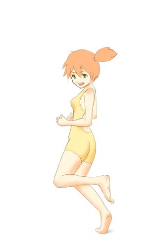 misty (pokemon), nintendo, pokemon, jpeg artifacts, lowres, 1girl, aqua eyes, barefoot, feet, female focus, full body, gym leader, one-piece swimsuit, orange hair, ponytail, simple background, soles, solo, swimsuit, toes, white background