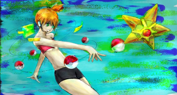 ash4ks3, misty (pokemon), staryu, nintendo, pokemon, md5 mismatch, resolution mismatch, source larger, 1girl, aqua eyes, bandeau, bandeau bikini, breasts, gen 1 pokemon, gym leader, microphone, orange hair, poke ball, pokemon (creature), shorts, small breasts, spandes, strapless, tube top, underboob