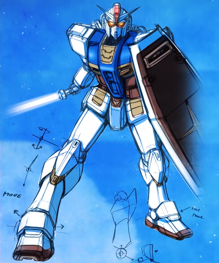 rx-78-2 gundam, gundam, mobile suit gundam, official art, energy, energy sword, glowing, glowing eyes, holding, holding shield, holding sword, holding weapon, humanoid robot, ken okuyama, looking at viewer, mecha, mobile suit, mobile suit gundam g40, no humans, redesign, robot, rx-78-2 gundam (g40), shield, sword, weapon, yellow eyes