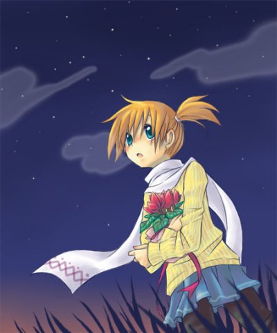 eizyu tokiwa, misty (pokemon), nintendo, pokemon, pokemon (anime), lowres, 1girl, aqua eyes, blue eyes, cardigan, cloud, female focus, flower, from below, gym leader, long sleeves, looking up, orange hair, pantyhose, ponytail, scarf, school uniform, side ponytail, skirt, sky, solo, star (sky), star (symbol), starry sky, white scarf