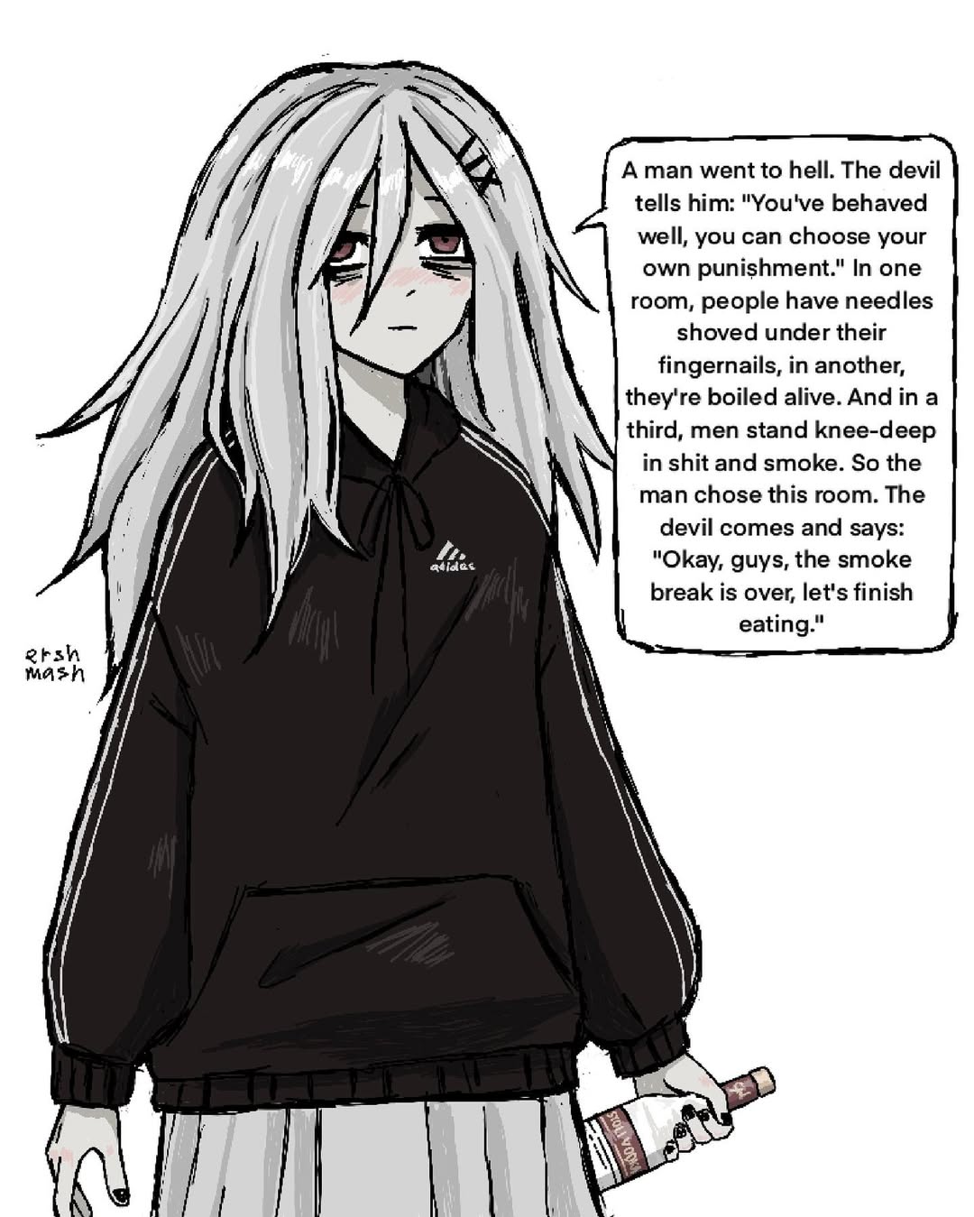 ershmash, original, highres, alcohol, artist name, bags under eyes, black hoodie, black nails, breasts, brown eyes, closed mouth, crescent, crescent hair ornament, drawstring, english text, glass bottle, grey hair, grey skirt, hair between eyes, hair ornament, hairclip, hood, hoodie, long hair, long sleeves, nail polish, signature, simple background, skirt, small breasts, very long hair, vodka, white background