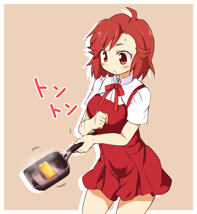 kojima tsuma, aoba tsugumi, kannagi, 00s, 1girl, :o, apron, bow, bowtie, cooking, female focus, frying pan, makiyakinabe, parted lips, red bow, red bowtie, red eyes, red hair, short sleeves, solo, steam