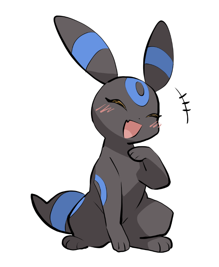 yumeminoideyu2, umbreon, nintendo, pokemon, :d, alternate color, animal focus, animal hands, black fur, blue fur, blush, closed eyes, facial mark, fang, forehead mark, full body, gen 2 pokemon, looking at viewer, no humans, open mouth, pokemon (creature), pokemon focus, shiny pokemon, simple background, sitting, skin fang, smile, solo, two-tone fur, white background