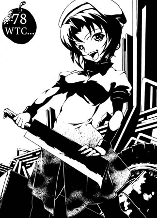 qamakiri, ryuuguu rena, higurashi no naku koro ni, lowres, 00s, 1girl, billhook, blood, dress, female focus, greyscale, hashitsuki nata, hat, hatchet, monochrome, nata (tool), short hair, solo, trash, yandere