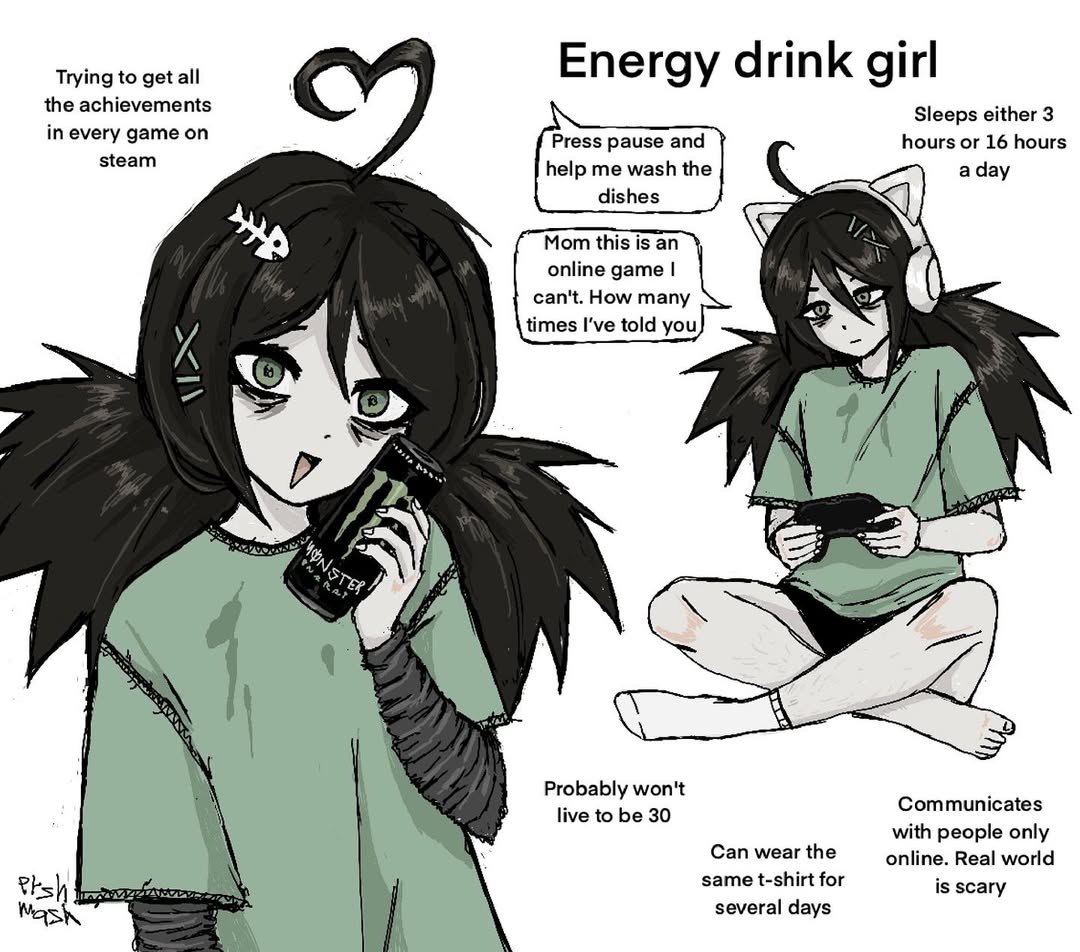 ershmash, monster energy, original, fluffy hair, 1girl, ahoge, animal ear headphones, animal ears, artist name, bags under eyes, black shorts, brown hair, can, controller, drink can, english text, expressive hair, fake animal ears, fish hair ornament, game controller, green eyes, grey shirt, hair between eyes, hair ornament, hairclip, headphones, holding, holding can, holding controller, holding game controller, indian style, layered sleeves, long hair, long sleeves, looking at viewer, open mouth, rabbit tail, shirt, short over long sleeves, short sleeves, shorts, signature, simple background, sitting, smile, socks, speech bubble, tail, very long hair, white background, white socks, x hair ornament