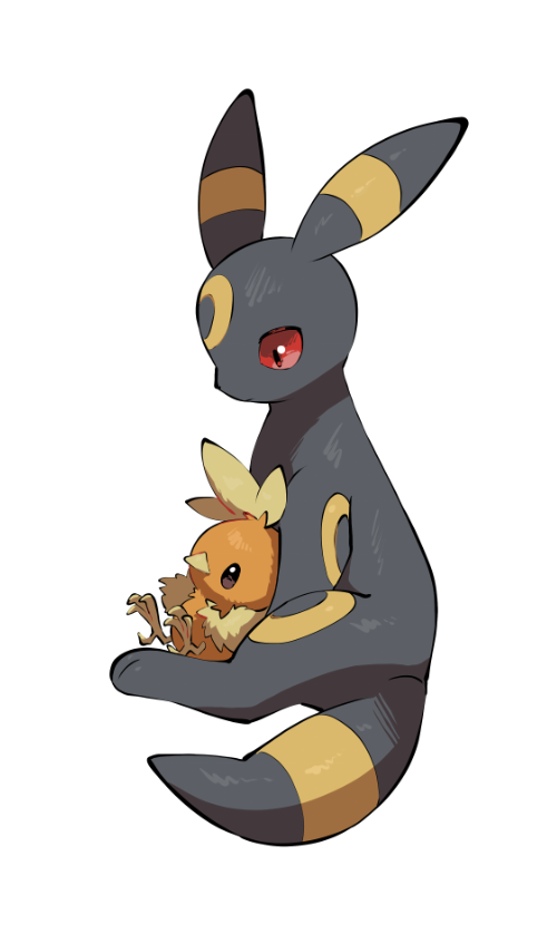yumeminoideyu2, torchic, umbreon, nintendo, pokemon, animal focus, animal hands, baby animal, bird, black fur, brown eyes, chick, facial mark, feathers, forehead mark, full body, gen 2 pokemon, gen 3 pokemon, looking at another, no humans, orange feathers, pokemon (creature), pokemon focus, red eyes, simple background, sitting, two-tone fur, white background, yellow feathers, yellow fur