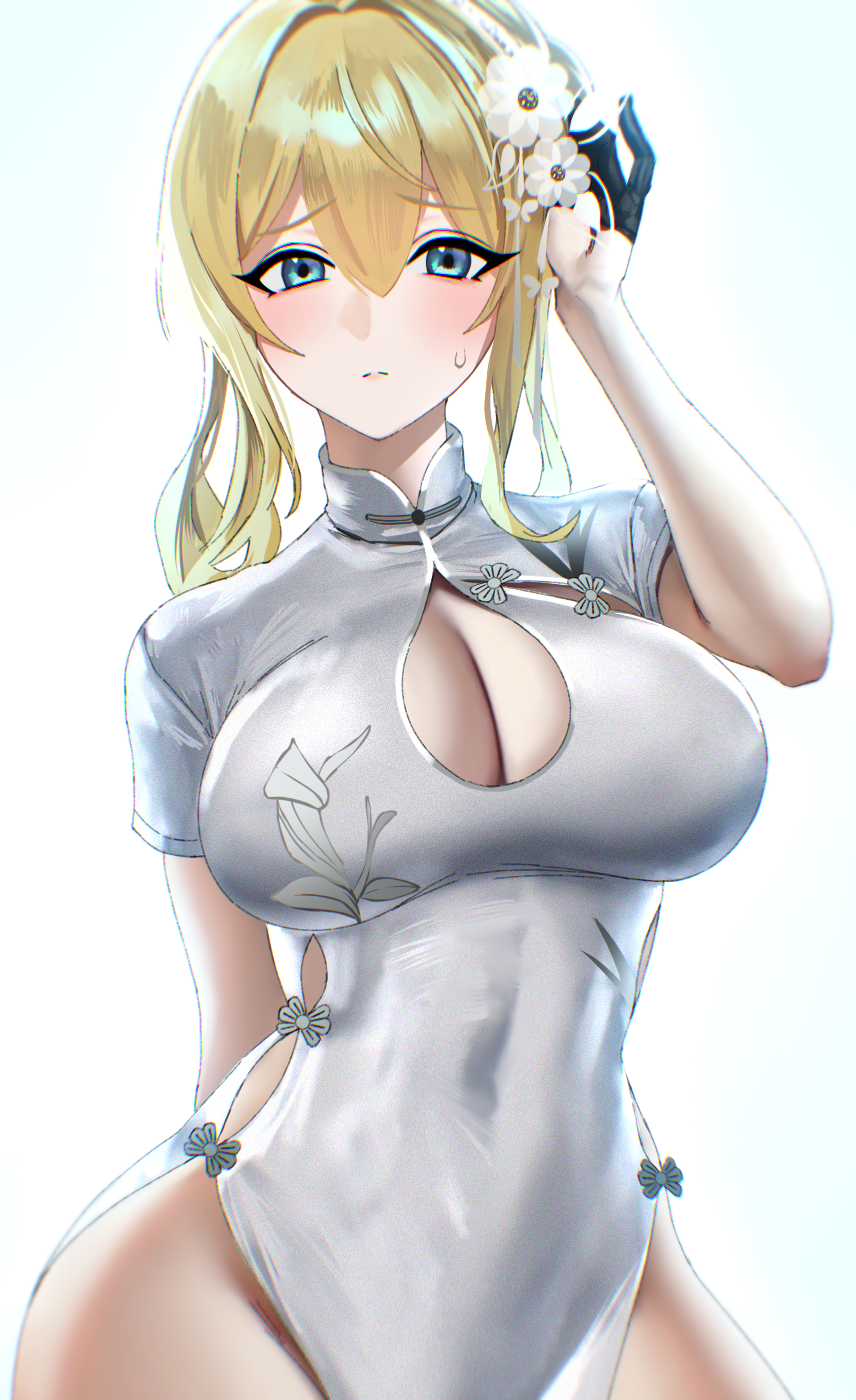 kazane-wind, renown (azur lane), renown (graceful royal pride) (azur lane), azur lane, absurdres, commission, commissioner upload, highres, non-web source, 1girl, blonde hair, blue eyes, blush, breasts, china dress, chinese clothes, cleavage, cleavage cutout, clothing cutout, cowboy shot, dress, flower, hair between eyes, hair flower, hair ornament, large breasts, looking at viewer, sidelocks, solo, sweatdrop, white dress, white flower