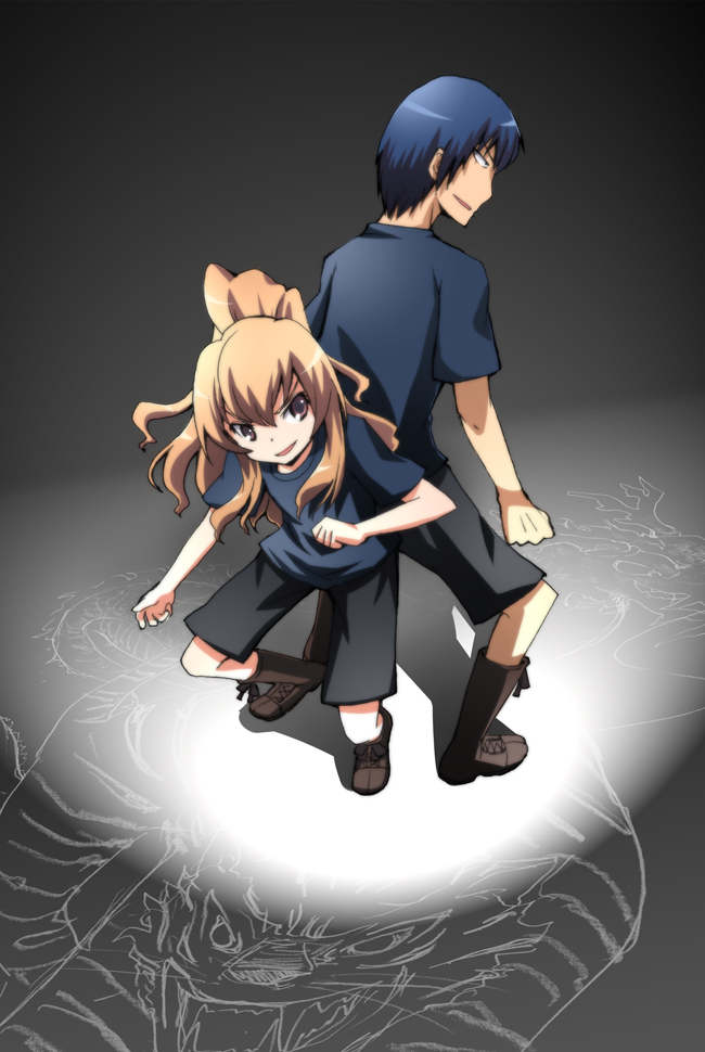 sakaki soshi, aisaka taiga, takasu ryuuji, toradora!, bad id, bad pixiv id, 00s, 1boy, 1girl, back-to-back, blonde hair, blue hair, blush, brown eyes, clenched hands, looking at viewer, pants, short sleeves, sidelocks, standing