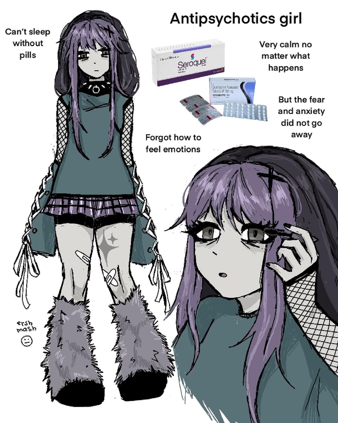 ershmash, original, highres, 1girl, applying makeup, aqua hair, bags under eyes, bandaid, bandaid on knee, bandaid on leg, black collar, black nails, collar, fishnet arm warmers, fur leg warmers, grey arm warmers, grey hair, grey leg warmers, grey shirt, hair ornament, hairclip, hand up, leg warmers, long hair, multicolored hair, nail polish, shirt, simple background, spiked collar, spikes, two-tone hair, white background, x hair ornament