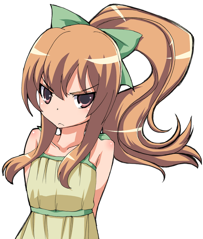 sakaki soshi, aisaka taiga, toradora!, 00s, :<, arms behind back, bow, brown hair, dress, frown, hair bow, hair ribbon, long hair, pink eyes, ponytail, ribbon, simple background, solo, sundress