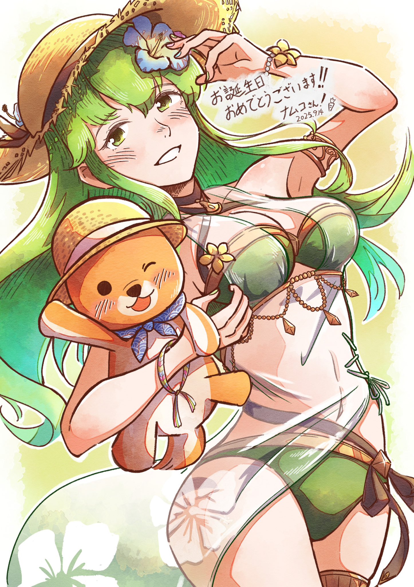 tyun nonokaze, palla (fire emblem), palla (summer) (fire emblem), fire emblem, fire emblem: mystery of the emblem, fire emblem heroes, nintendo, commentary request, highres, translation request, 1girl, bikini, breasts, dated, flower, green bikini, green eyes, green hair, hair flower, hair ornament, hat, holding, holding stuffed toy, looking at viewer, medium breasts, navel, official alternate costume, smile, solo, standing, stuffed animal, stuffed toy, sun hat, swimsuit, teddy bear