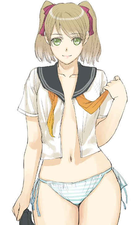 kage yuu, green eyes, midriff, navel, no bra, open clothes, open shirt, panties, school uniform, shirt, side-tie panties, simple background, smile, striped clothes, striped panties, twintails, underwear, undressing