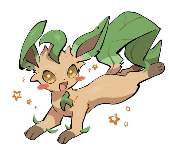 yumeminoideyu2, leafeon, nintendo, pokemon, :d, alternate color, animal focus, animal hands, blush stickers, brown eyes, brown fur, fang, full body, gen 4 pokemon, green fur, leaf, looking at viewer, no humans, open mouth, pokemon (creature), pokemon focus, shiny pokemon, simple background, skin fang, smile, solo, sparkle, standing, white background, yellow fur