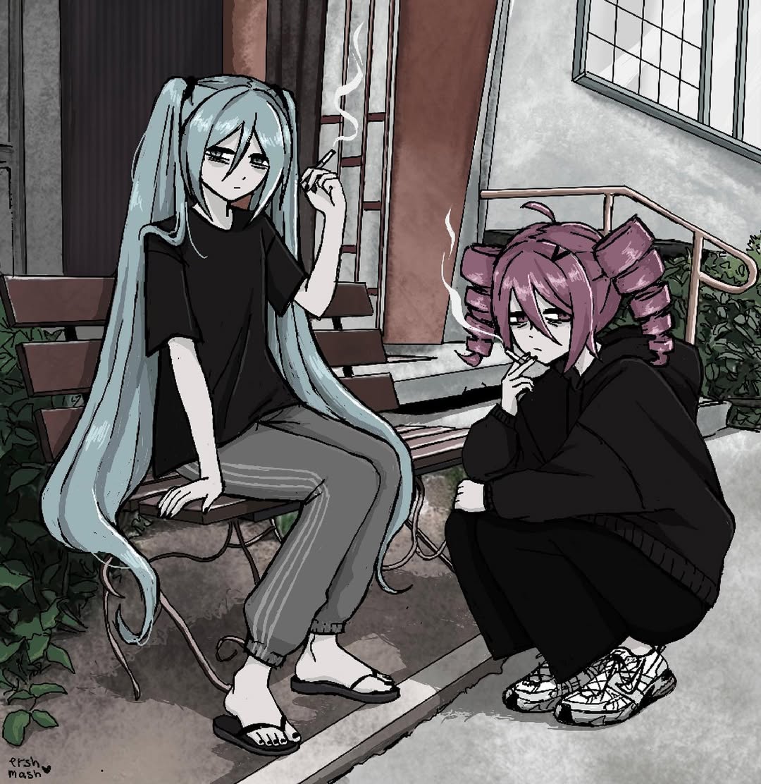 ershmash, hatsune miku, kasane teto, utau, vocaloid, 2girls, ahoge, aqua eyes, aqua hair, artist name, bags under eyes, black hoodie, black nails, black pants, black shirt, bush, cigarette, drill hair, expressionless, grey pants, hair between eyes, hand up, holding, holding cigarette, hood, hood down, hoodie, long hair, multiple girls, nail polish, outdoors, pants, railing, red hair, sandals, shirt, shoes, short hair, short sleeves, signature, smoke, sneakers, squatting, stairs, sweatpants, twin drills, twintails, very long hair, white shoes