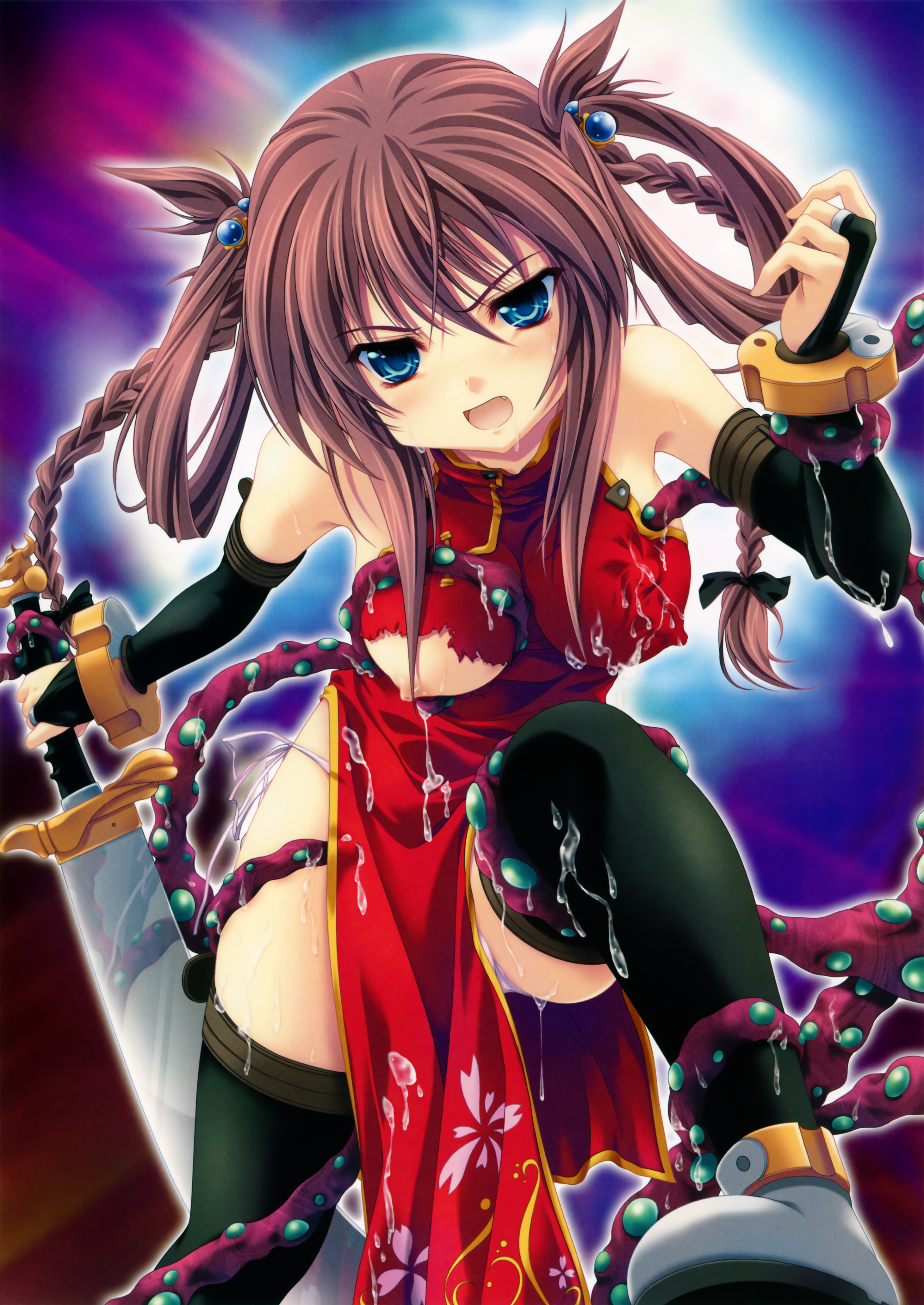 miyama-zero, absurdres, highres, non-web source, 1girl, blue eyes, braid, breasts, brown hair, china dress, chinese clothes, dress, elbow gloves, female focus, gloves, long hair, nipples, panties, side-tie panties, solo, tentacles, thighhighs, twintails, underwear