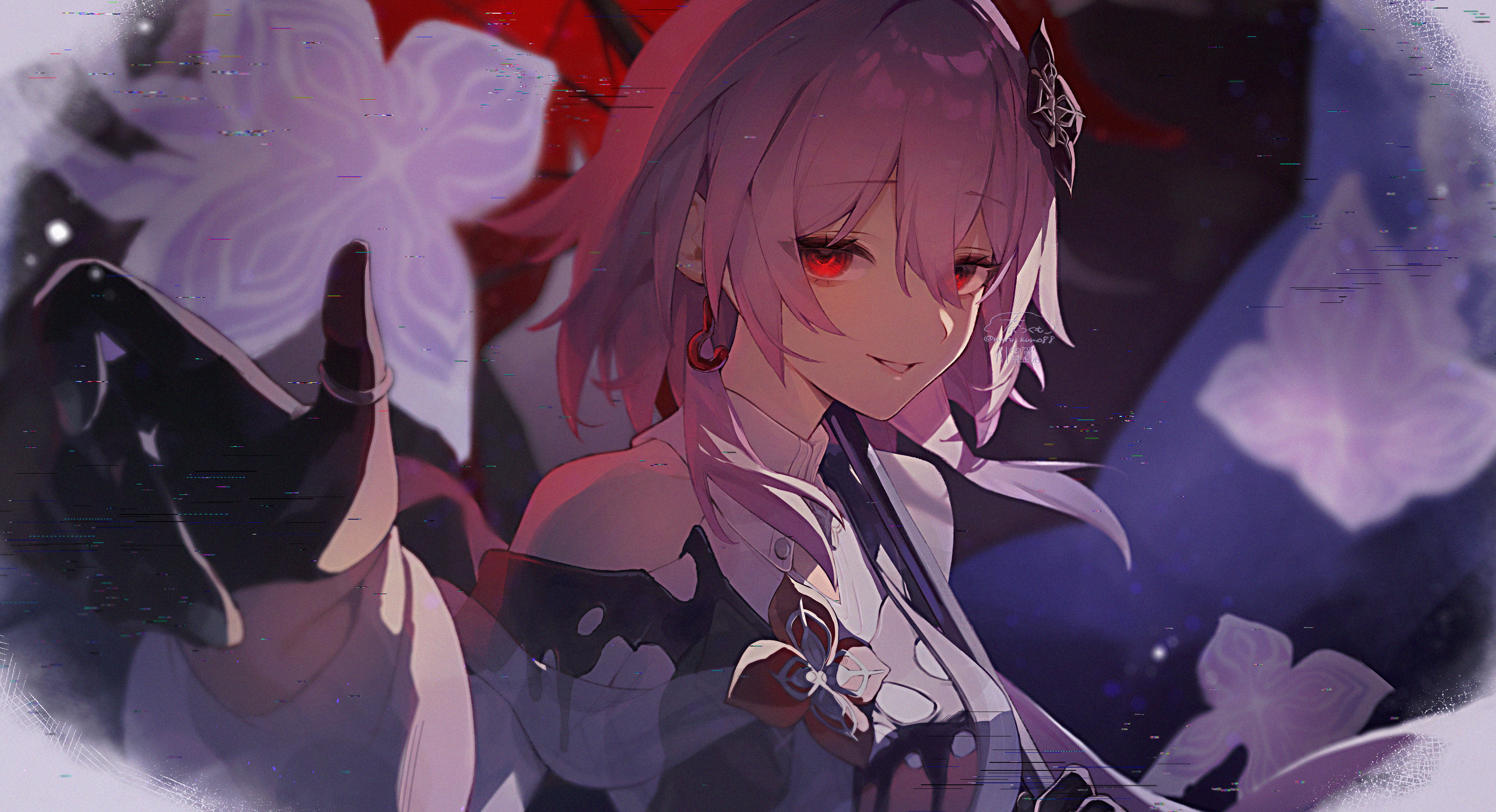 evernight (honkai: star rail), march 7th (honkai: star rail), honkai: star rail, honkai (series), absurdres, highres, 1girl, breasts, collar, earrings, evey (honkai: star rail), flower, glitch, gloves, grin, hair between eyes, hair flower, hair ornament, holding, holding umbrella, jewelry, natu kumo88, pink hair, red eyes, ring, single bare shoulder, single earring, smile, umbrella, upper body, white collar