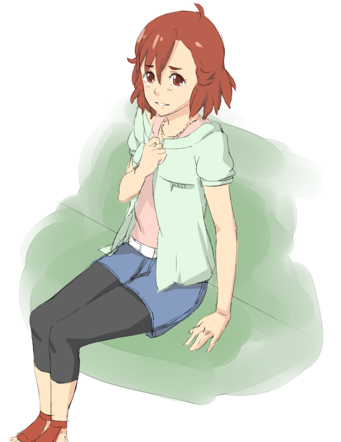 hachimitsuboi, aoba tsugumi, kannagi, 00s, 1girl, black pantyhose, blush, brown hair, casual, collarbone, female focus, full body, hand on own chest, looking at viewer, pantyhose, short hair, simple background, solo, white background