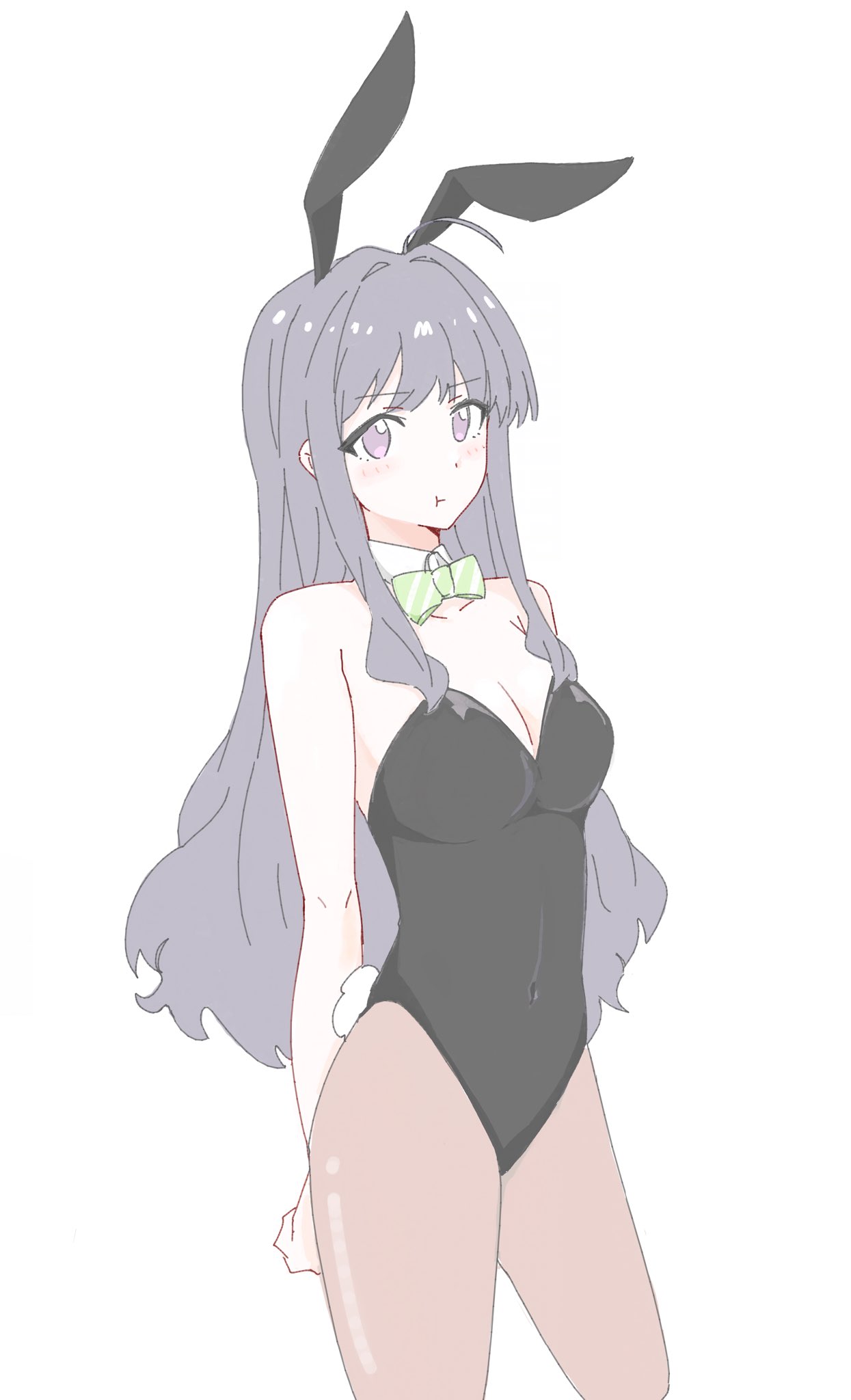 n nai nai n, girls band cry, commentary, hashtag-only commentary, highres, 1girl, ahoge, animal ears, black hair, black leotard, bow, bowtie, breasts, brown pantyhose, cleavage, covered navel, diagonal-striped bow, diagonal-striped bowtie, diagonal-striped clothes, fake animal ears, green bow, green bowtie, large breasts, leotard, long hair, pantyhose, pout, purple eyes, rabbit ears, sidelocks, simple background, solo, strapless, strapless leotard, striped bow, striped bowtie, striped clothes, white background