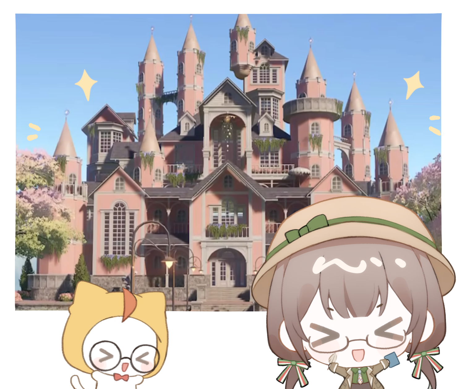 baonu de zhanshen caibutou, momo (nikki), infinity nikki, nikki (series), chinese commentary, commentary request, highres, > <, 1girl, ahoge, animal, bespectacled, black-framed eyewear, blunt bangs, border, bow, bowtie, brown coat, brown hair, brown hat, brown necktie, brown pants, cat, chibi, clipboard, cloak, clothed animal, coat, collared coat, collared shirt, cowboy shot, ear covers, flawless vision (infinity nikki), game screenshot inset, glasses, green bow, green shirt, hair bow, happy, hat, hat bow, holding, holding clipboard, holding quill, hood, hood up, hooded cloak, lapels, long hair, long sleeves, low twintails, multicolored bow, necktie, notched lapels, notice lines, open clothes, open coat, outside border, pants, photo (object), plaid clothes, plaid necktie, quill, red bow, red bowtie, round eyewear, shirt, sleeve cuffs, sleeves past wrists, sparkle, striped bow, traditional bowtie, twintails, very long hair, white border, white cat, yellow cloak