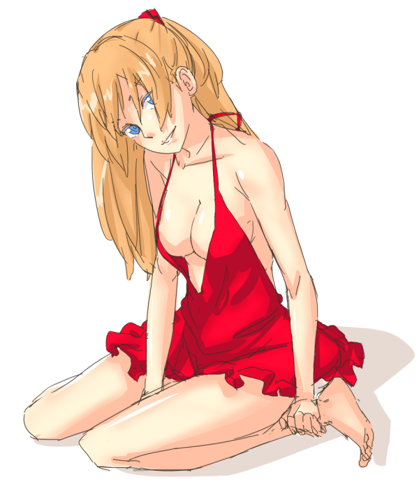 hachimitsuboi, souryuu asuka langley, neon genesis evangelion, 1girl, barefoot, blue eyes, breasts, cleavage, dress, feet, female focus, full body, grin, medium breasts, no bra, red dress, shadow, short dress, sitting, sketch, smile, solo, sundress, wariza
