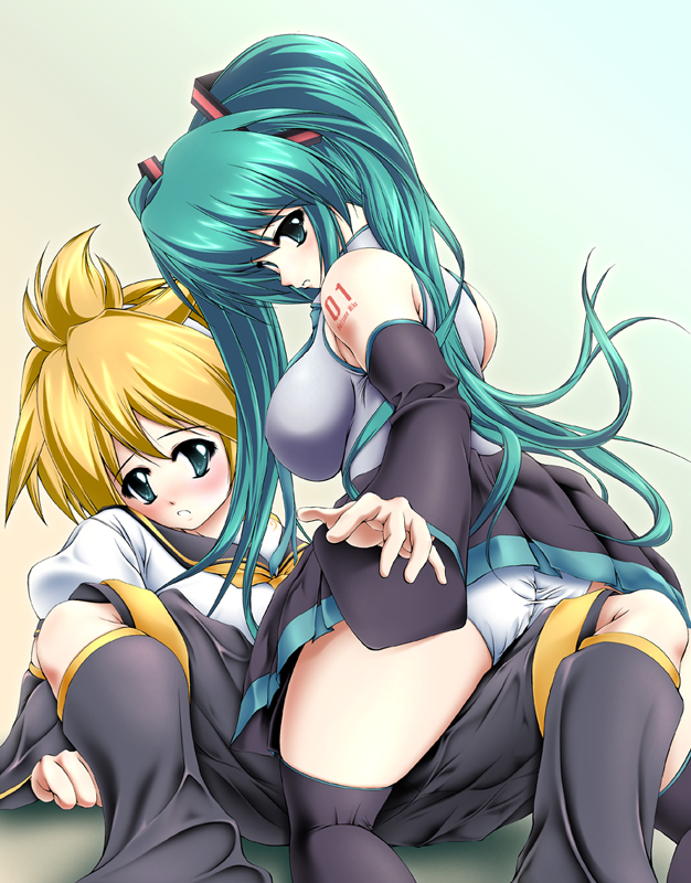 uni-corn, hatsune miku, kagamine len, vocaloid, 1boy, 1girl, aqua hair, detached sleeves, hetero, panties, skirt, thighhighs, twintails, underwear