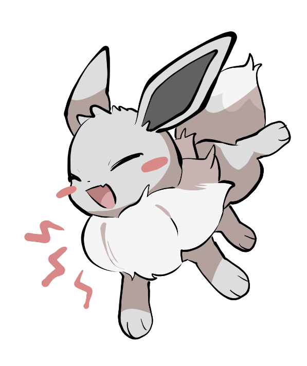 yumeminoideyu2, eevee, nintendo, pokemon, :d, alternate color, animal focus, animal hands, blush stickers, closed eyes, fang, fluffy, full body, gen 1 pokemon, grey fur, looking at viewer, neck fur, no humans, open mouth, pokemon (creature), pokemon focus, shiny pokemon, simple background, skin fang, smile, solo, standing, two-tone fur, white background, white fur