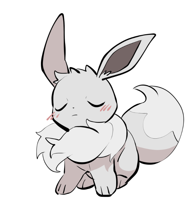 yumeminoideyu2, eevee, nintendo, pokemon, alternate color, animal focus, animal hands, blush, closed eyes, fluffy, full body, gen 1 pokemon, grey fur, looking at viewer, neck fur, no humans, pokemon (creature), pokemon focus, shiny pokemon, simple background, sitting, solo, two-tone fur, white background, white fur