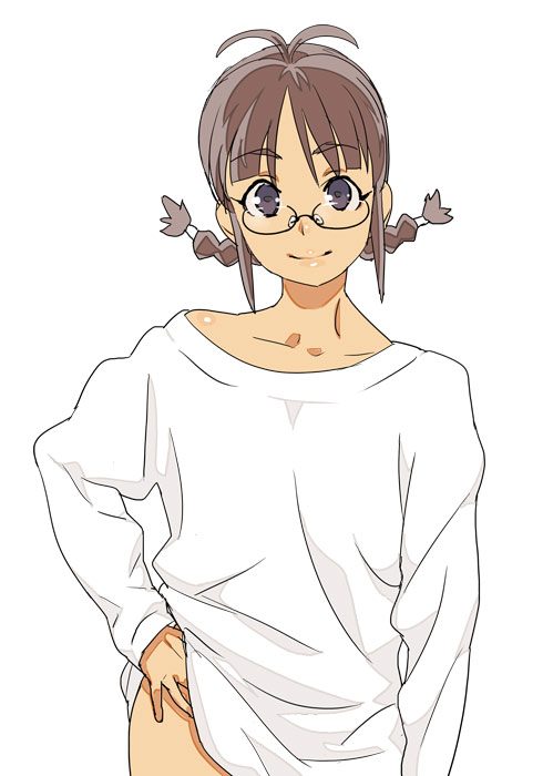 hamanasu, akizuki ritsuko, idolmaster, idolmaster (classic), idolmaster 1, bad id, bad pixiv id, 00s, 1girl, antenna hair, bottomless, braid, female focus, glasses, no pants, simple background, solo, twin braids