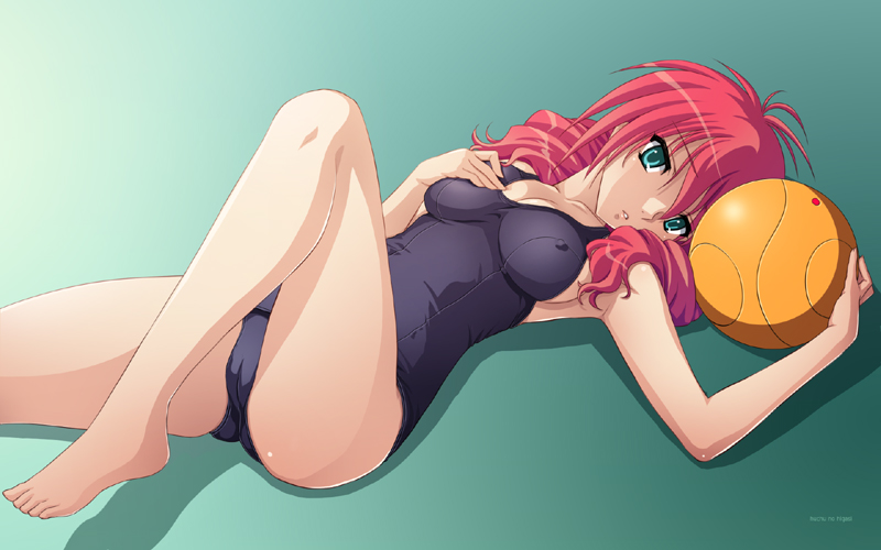 tadano akira, feldt grace, haro, gundam, gundam 00, 1girl, barefoot, blue eyes, breasts, cleavage, pink hair, solo, swimsuit