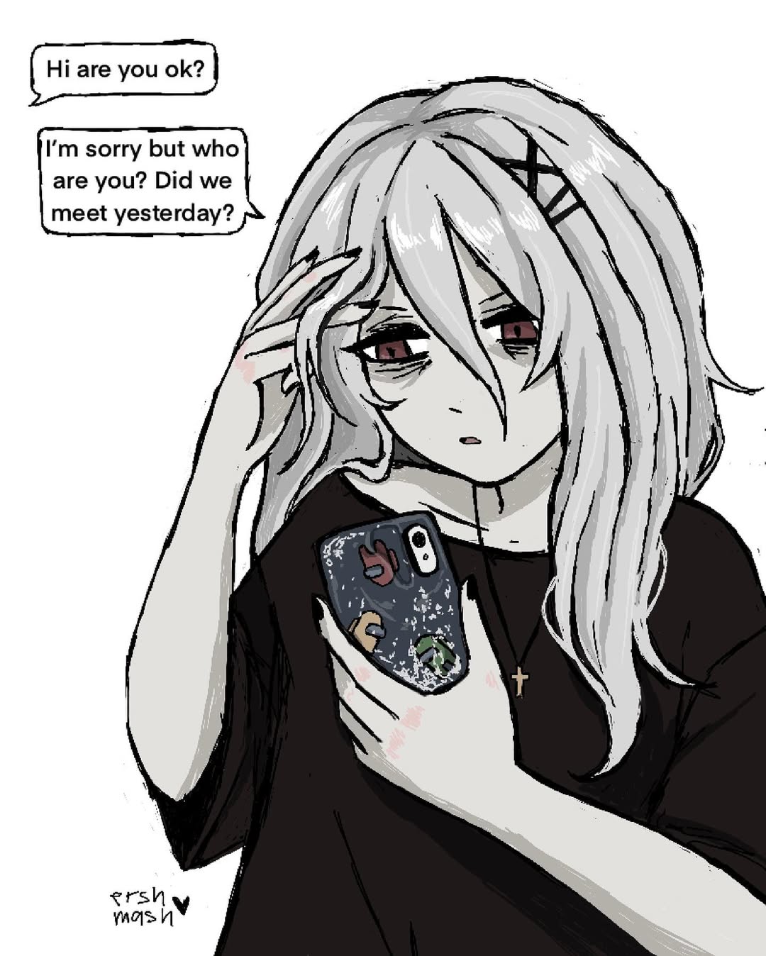 ershmash, original, highres, artist name, bags under eyes, black shirt, breasts, brown eyes, cellphone, cross, cross necklace, english text, grey hair, hair ornament, hairclip, hands up, holding, holding phone, jewelry, long hair, necklace, parted lips, phone, shirt, short sleeves, signature, small breasts, smartphone, x hair ornament