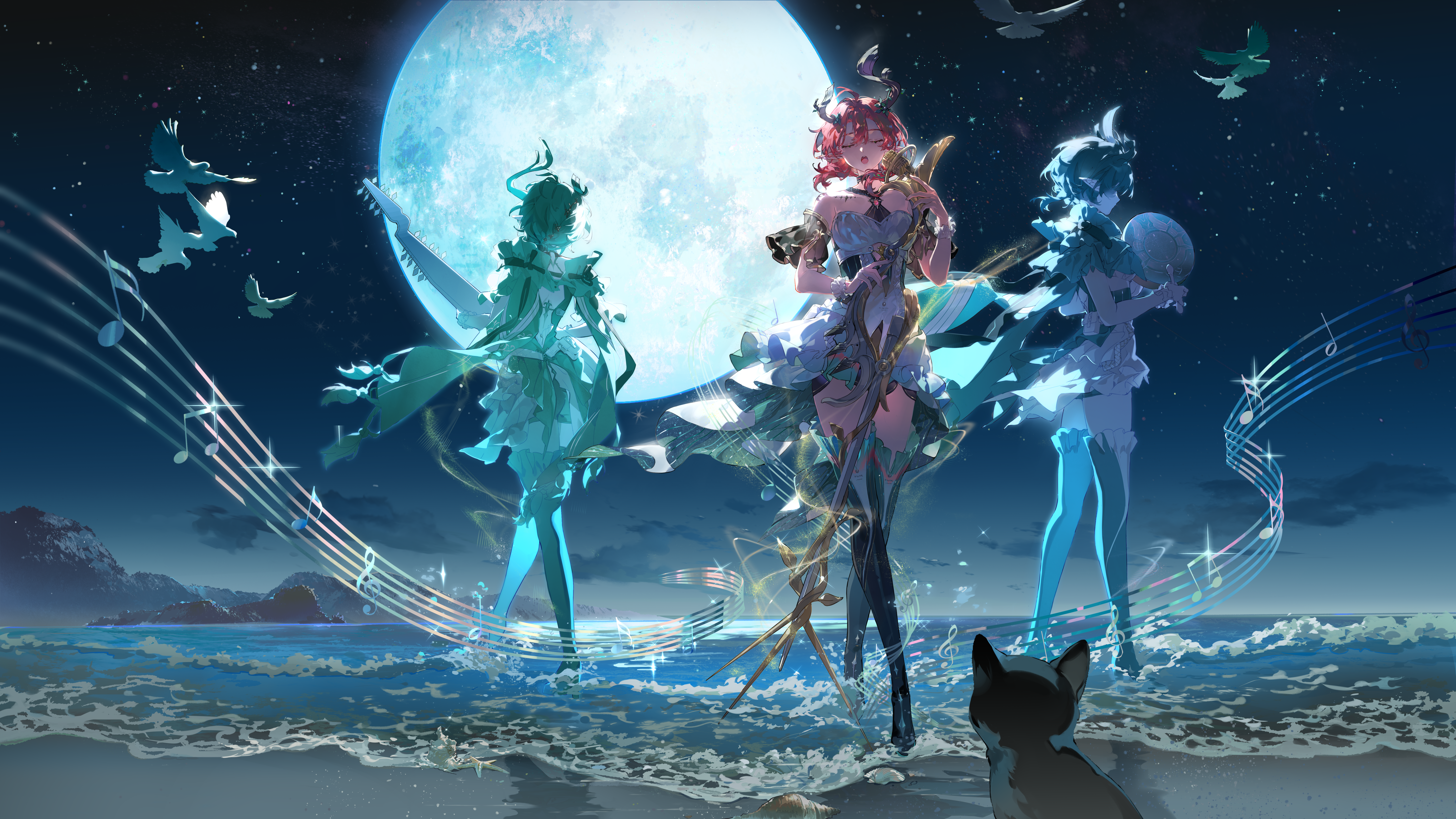 kaekaeki, ciaccona (wuthering waves), wuthering waves, absurdres, commentary request, highres, official art, 1girl, bare shoulders, beamed eighth notes, bird, black cat, boots, cat, closed eyes, copyright notice, dress, full moon, green boots, hair between eyes, holding, holding microphone stand, logo, medium hair, microphone stand, moon, multiple persona, music, musical note, night, night sky, no jacket, ocean, open mouth, outdoors, red hair, shore, singing, sky, solo, tacet mark (wuthering waves), thigh boots, thighs, tree horns, white bird, white dress