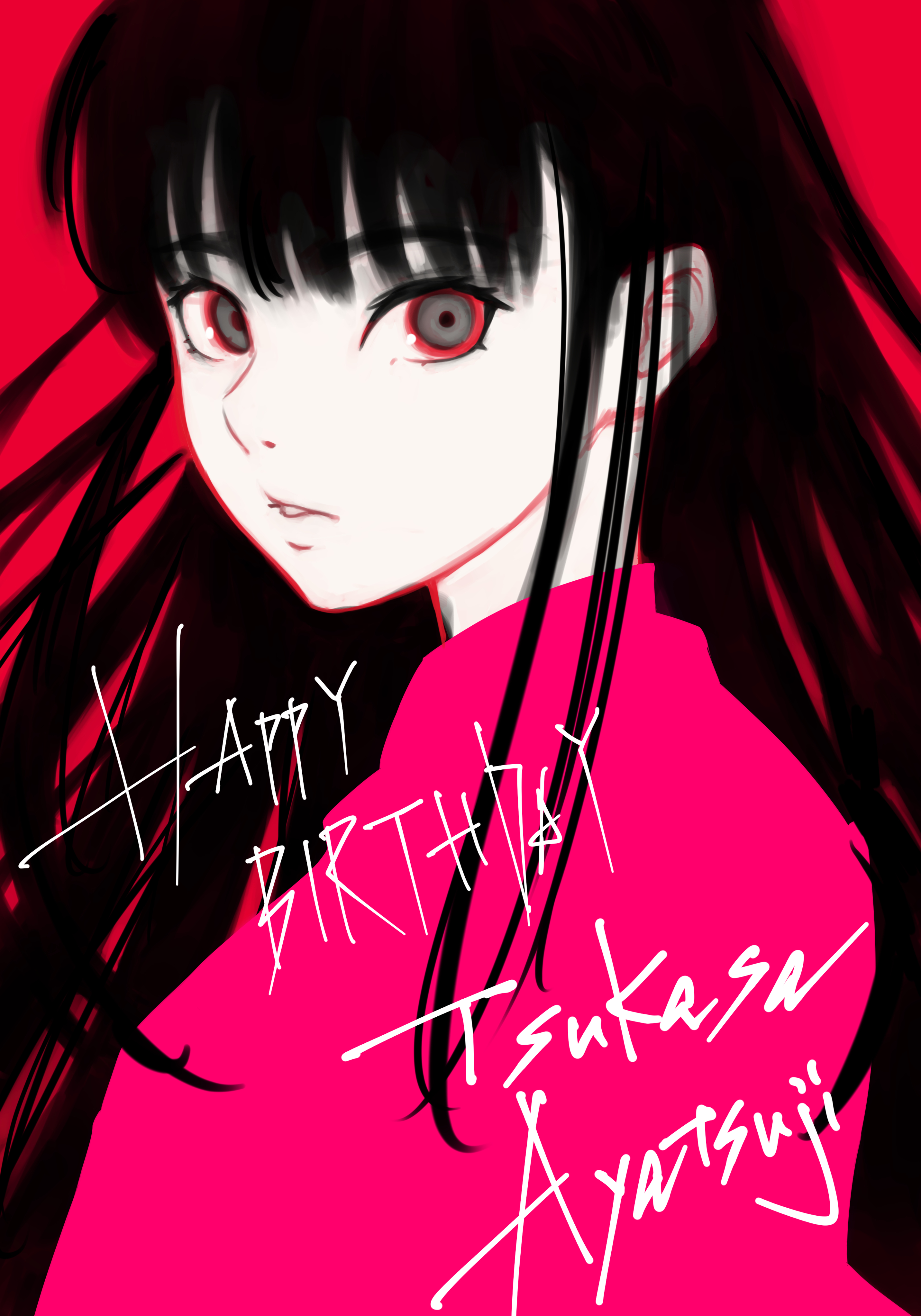 oshizu, ayatsuji tsukasa, amagami, absurdres, commentary, highres, 1girl, alternate costume, black eyes, black hair, character name, happy birthday, long hair, looking at viewer, parted lips, pink sweater, red background, simple background, solo, straight hair, sweater, upper body
