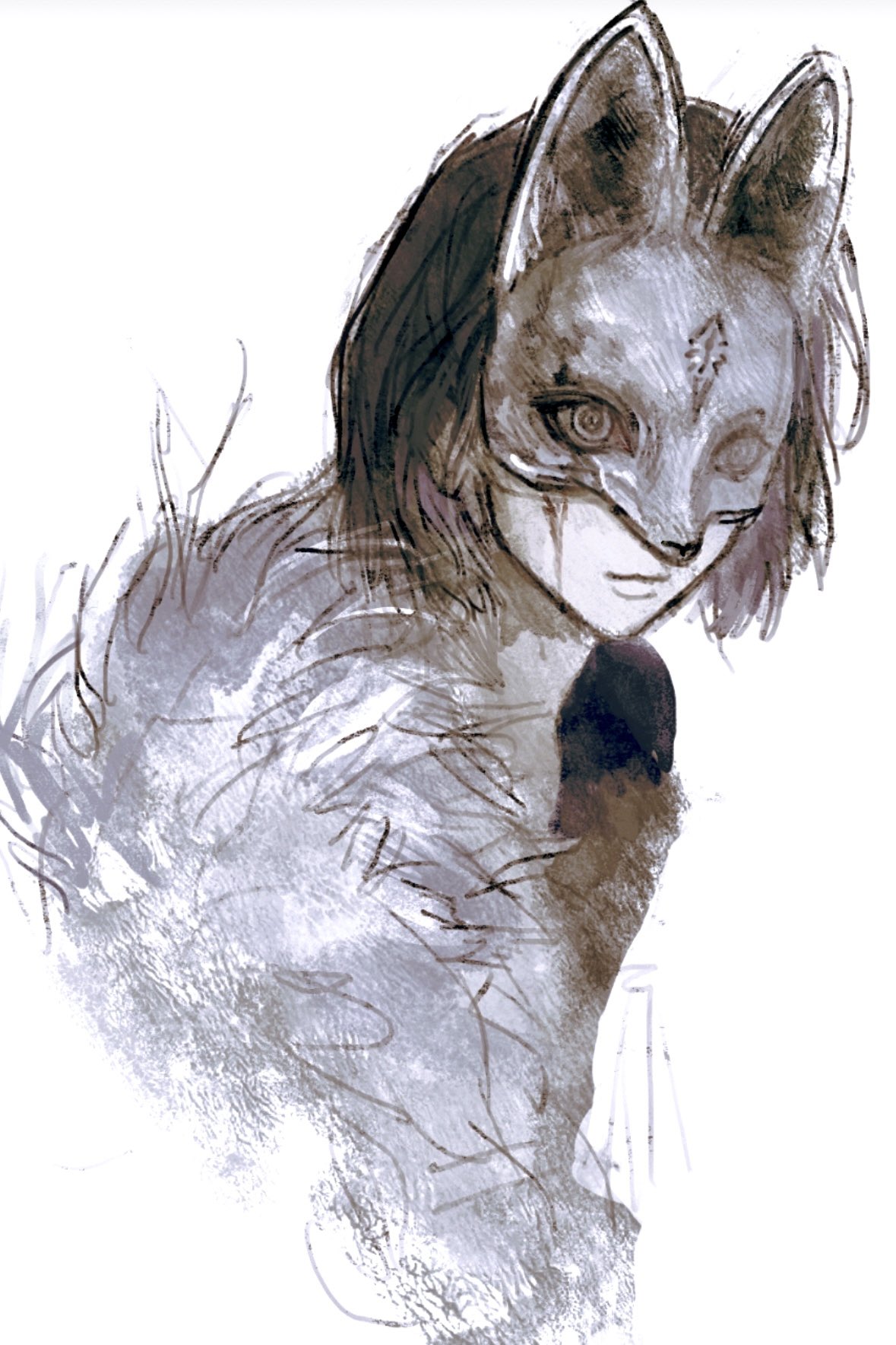 fox hinako, shimizu hinako, silent hill (series), silent hill f, hashtag-only commentary, highres, 1girl, black hair, carbonmechanics, closed mouth, fox mask, grey fur, mask, short hair, simple background, solo, upper body, white background