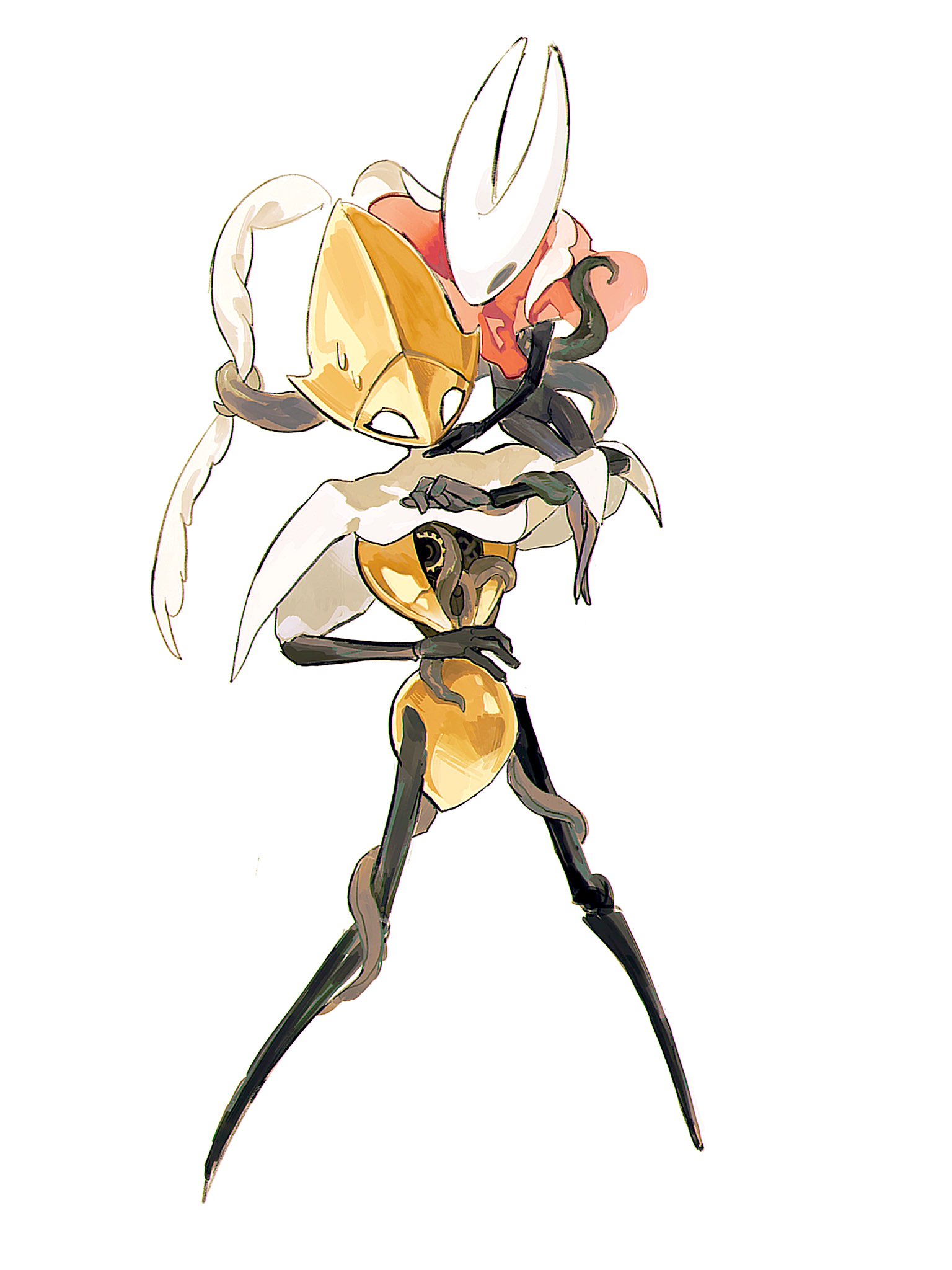 hornet (hollow knight), hollow knight, hollow knight: silksong, commentary, english commentary, highres, 1girl, 1other, arthropod girl, black eyes, black skin, carbonmechanics, cloak, colored skin, plant roots, red cloak, second sentinel (hollow knight), simple background, standing, sweatdrop, white background, white eyes