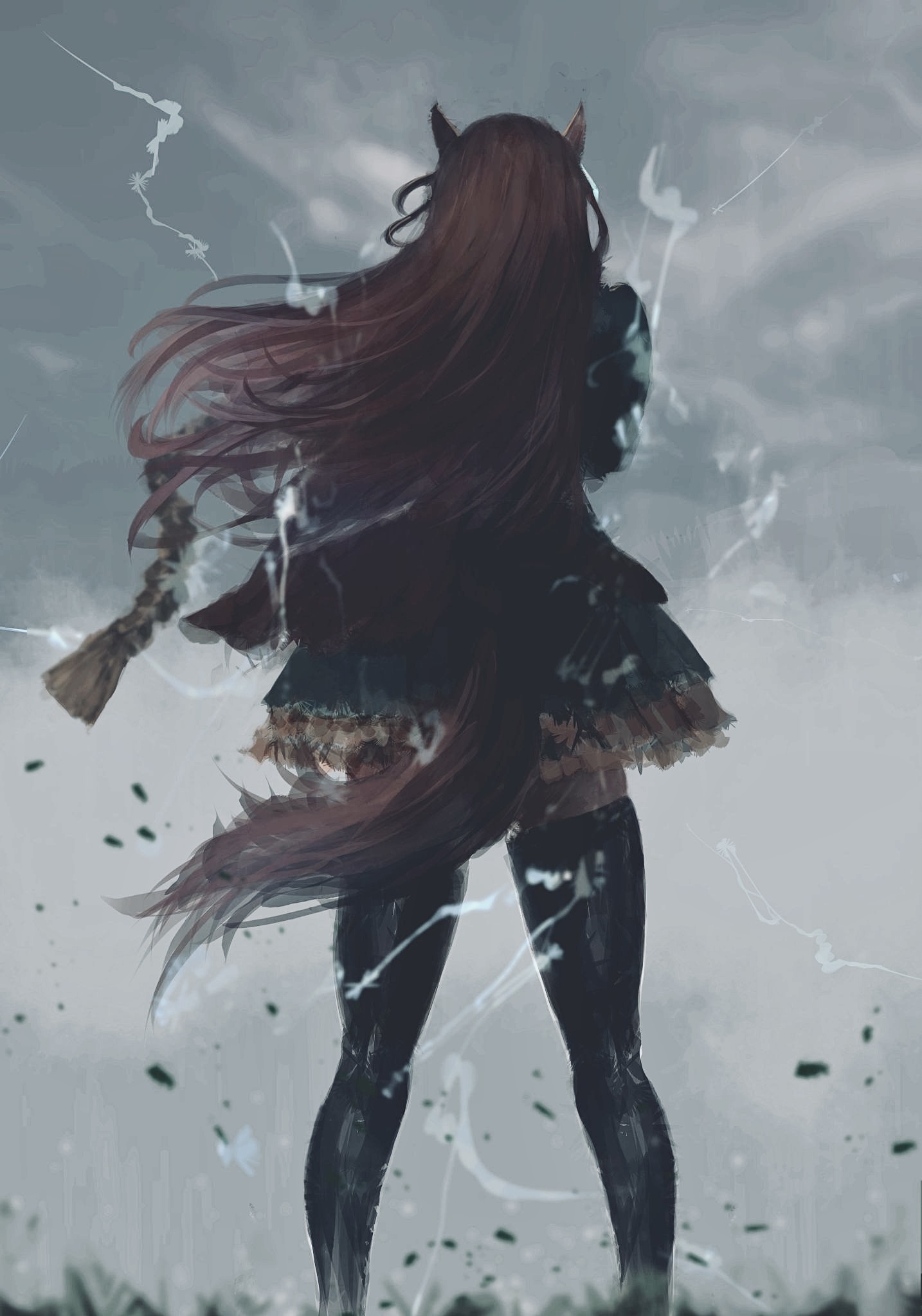 graffitigw, symboli rudolf (emperor's path) (umamusume), symboli rudolf (umamusume), umamusume, highres, 1girl, animal ears, back, black thighhighs, brown hair, dirt, dress, facing away, from behind, green dress, horse ears, horse girl, horse tail, lightning, long hair, solo, tail, thighhighs