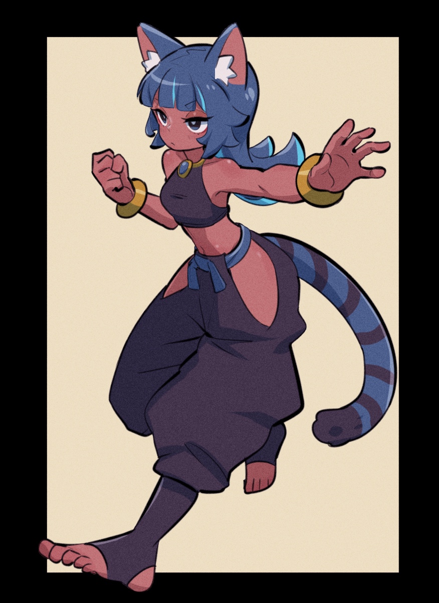 amazu (kurozu), aoi (amazu), original, commentary, highres, 1girl, animal ear fluff, animal ears, black border, black pants, border, cat ears, cat girl, cat tail, clenched hand, clothing cutout, crop top, dark-skinned female, dark skin, eyelashes, hip vent, looking ahead, navel, outside border, outstretched arm, pants, puffy pants, simple background, solo, stirrup footwear, tail, yellow background
