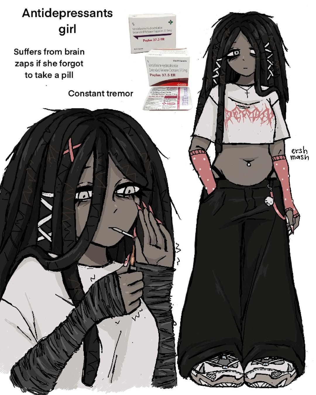 ershmash, original, highres, 1girl, bags under eyes, black hair, black pants, dark-skinned female, dark skin, dreadlocks, grey arm warmers, grey eyes, hair between eyes, hair ornament, hairclip, hand in pocket, holding, holding lighter, jewelry, lighter, lighting cigarette, long hair, multiple rings, navel piercing, pants, piercing, plump, ring, simple background, white background, x hair ornament