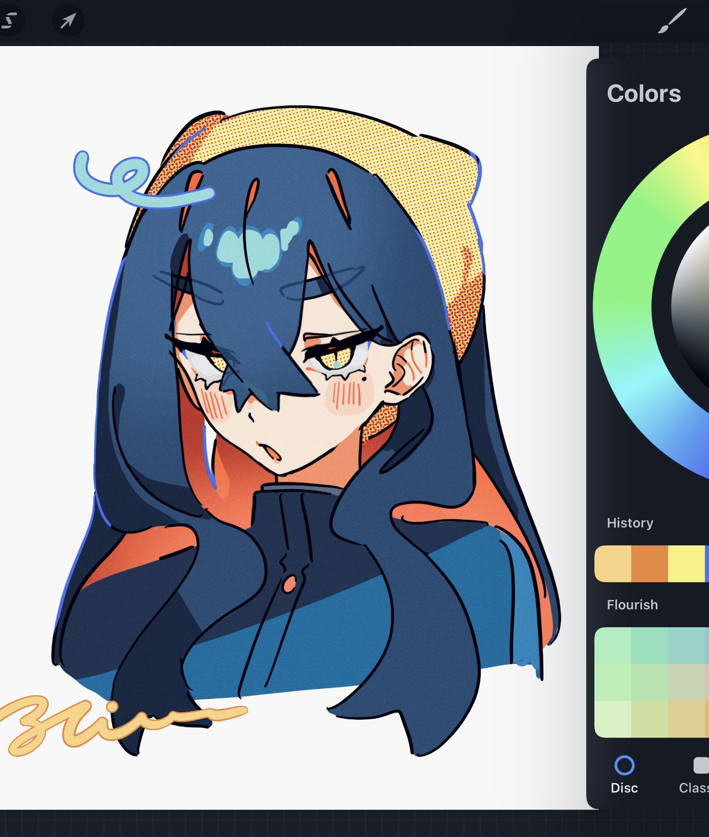 garatechi, carmine (pokemon), nintendo, pokemon, pokemon sv, screencap, highres, 1girl, :o, art program in frame, black hair, blue jacket, blush, cropped torso, crossed bangs, hair between eyes, hairband, jacket, long hair, looking at viewer, mole, mole under eye, multicolored hair, open mouth, red hair, solo, two-tone hair, upper body, yellow eyes, yellow hairband