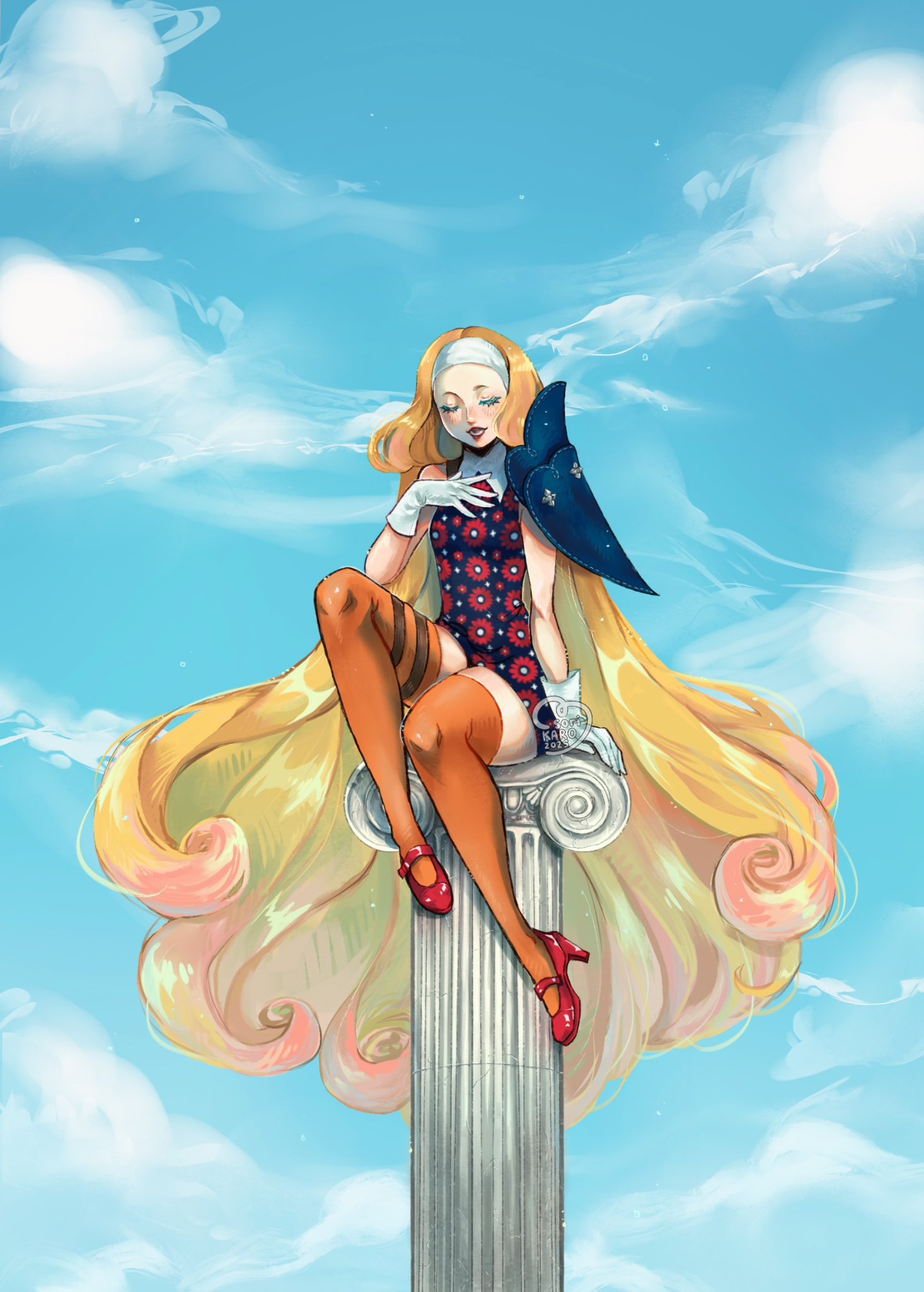 junah (metaphor: refantazio), metaphor: refantazio, commentary, english commentary, highres, 1girl, absurdly long hair, blonde hair, blue sky, cloud, gloves, hairband, high heels, long hair, orange thighhighs, outdoors, pillar, sitting, sky, solo, sorisketches, thighhighs, very long hair, wavy hair, white gloves, white hairband