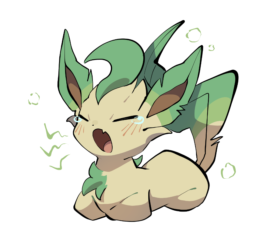 yumeminoideyu2, leafeon, nintendo, pokemon, :o, animal focus, blush, brown fur, cat loaf, closed eyes, fang, full body, gen 4 pokemon, green fur, leaf, looking at viewer, no humans, open mouth, pokemon (creature), pokemon focus, simple background, skin fang, solo, tearing up, white background, yellow fur