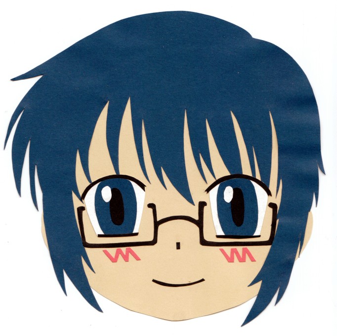 nakajima, nakajima (artist), sae (hidamari sketch), hidamari sketch, bad id, bad pixiv id, traditional media, 00s, 1girl, blue hair, blush, female focus, glasses, solo