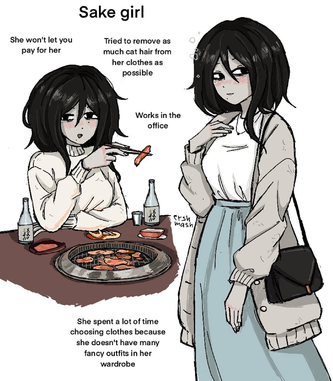 ershmash, original, highres, 1girl, aqua skirt, arm under breasts, artist name, bag, black eyes, black hair, blush, breasts, chopsticks, coat, cooking, elbow on table, food, glass bottle, grey coat, grill, grilling, hair between eyes, handbag, jewelry, long sleeves, meat, medium breasts, medium hair, mole, mole on cheek, necklace, open clothes, open coat, open mouth, shichirin, shirt, shirt tucked in, sidelocks, signature, simple background, skirt, solo, white background, white shirt