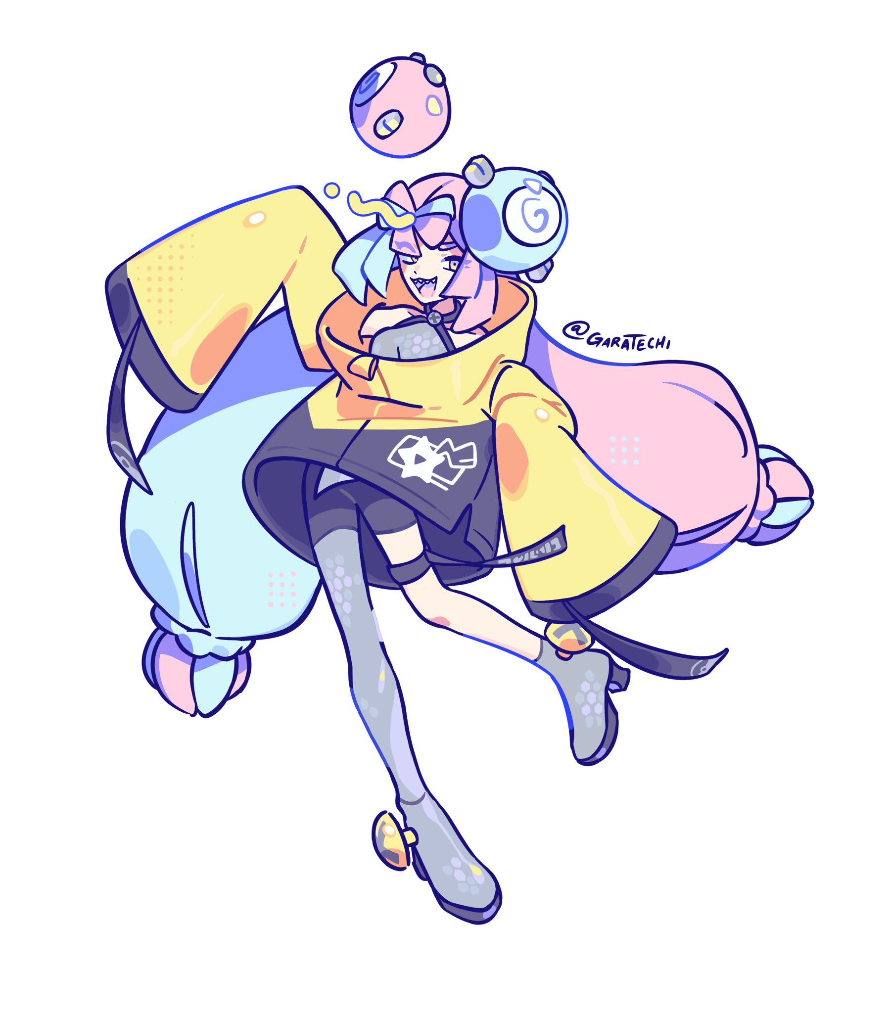 garatechi, iono (pokemon), nintendo, pokemon, pokemon sv, highres, 1girl, :d, blue hair, bow-shaped hair, full body, grey pantyhose, jacket, long sleeves, looking at viewer, multicolored hair, open mouth, pantyhose, pink hair, sharp teeth, single leg pantyhose, sleeves past fingers, sleeves past wrists, smile, solo, teeth, thigh strap, twintails, twitter username, two-tone hair, upper teeth only, wide sleeves, yellow jacket