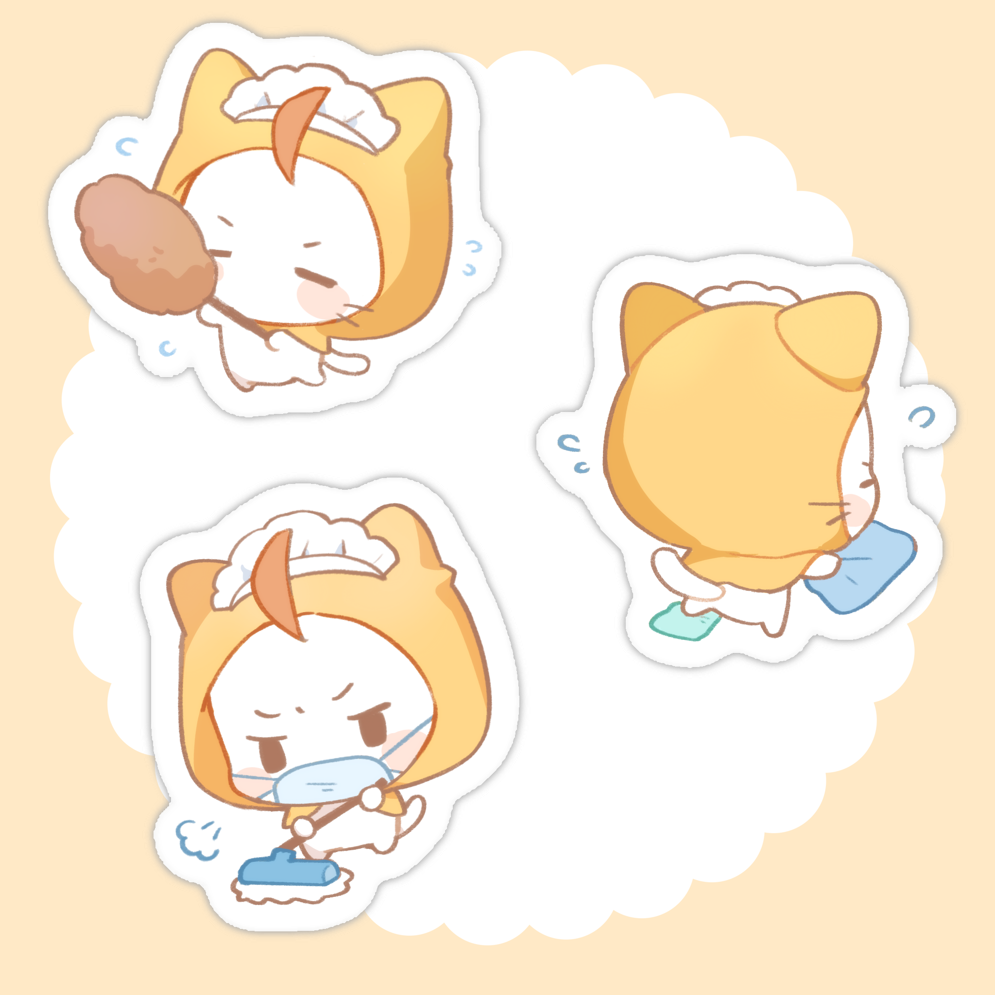 baonu de zhanshen caibutou, momo (nikki), infinity nikki, nikki (series), chinese commentary, commentary request, highres, = =, ahoge, animal, animal focus, blue mask, blush stickers, border, brown eyes, cat, cleaning, cleaning rag, cloak, clothed animal, duster, ear covers, flying sweatdrops, from behind, furrowed brow, holding, holding duster, holding mop, holding rag, hood, hood up, hooded cloak, maid headdress, mask, mop, mouth mask, multiple views, no humans, outline, outside border, round border, sigh, solid oval eyes, v-shaped eyebrows, whiskers, white background, white cat, white outline, yellow border, yellow cloak