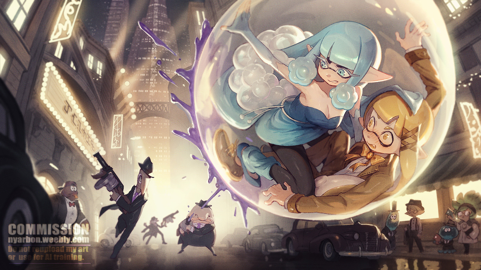 biahnyang, inkling boy, inkling girl, inkling player character, jellyfish (splatoon), nintendo, splatoon (series), splatoon 3, character request, commentary, commission, english commentary, highres, .96 gal (splatoon), 3girls, 4boys, black hat, black pantyhose, blonde hair, blue dress, blue eyes, blue hair, blurry, blurry background, blush, bow, bowtie, breasts, bubble, car, city, city lights, cleavage, dress, fang, gun, hair ornament, hat, holding, holding gun, holding weapon, ink, inkling, leg warmers, medium breasts, motor vehicle, multiple boys, multiple girls, night, outdoors, paint, pantyhose, watermark, weapon, wide-eyed, x hair ornament, yellow bow, yellow bowtie, yellow eyes