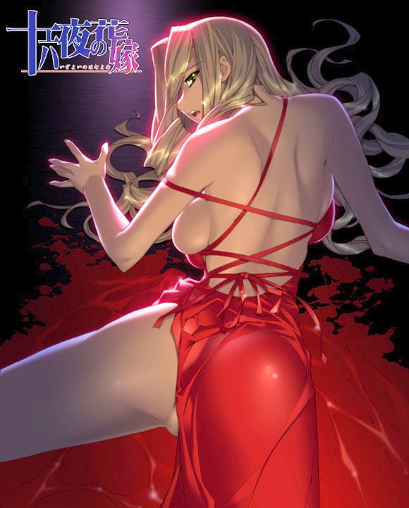 ino (magloid), honnou yukari, izayoi no hanayome, 1girl, all fours, ass, back, backboob, backless dress, backless outfit, bare back, blonde hair, blood, breasts, dress, female focus, from behind, green eyes, large breasts, long hair, looking back, no bra, no panties, open mouth, red dress, sideboob, solo, spread legs, thighs, uncensored